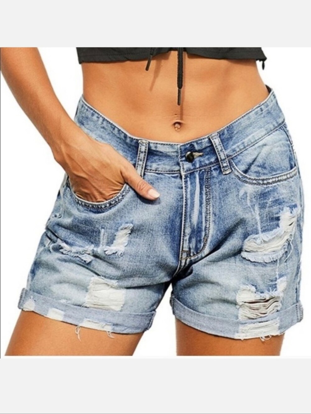 Distressed Denim Jean Shorts Cuffed High Rise